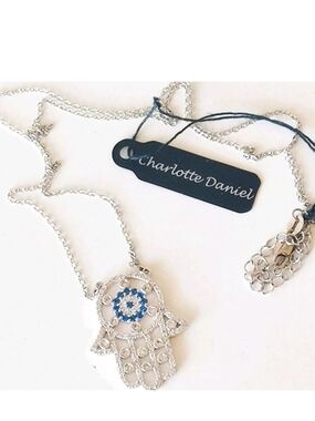 Charlotte Daniel Silver Hamsa Necklace with Blue and White Stones